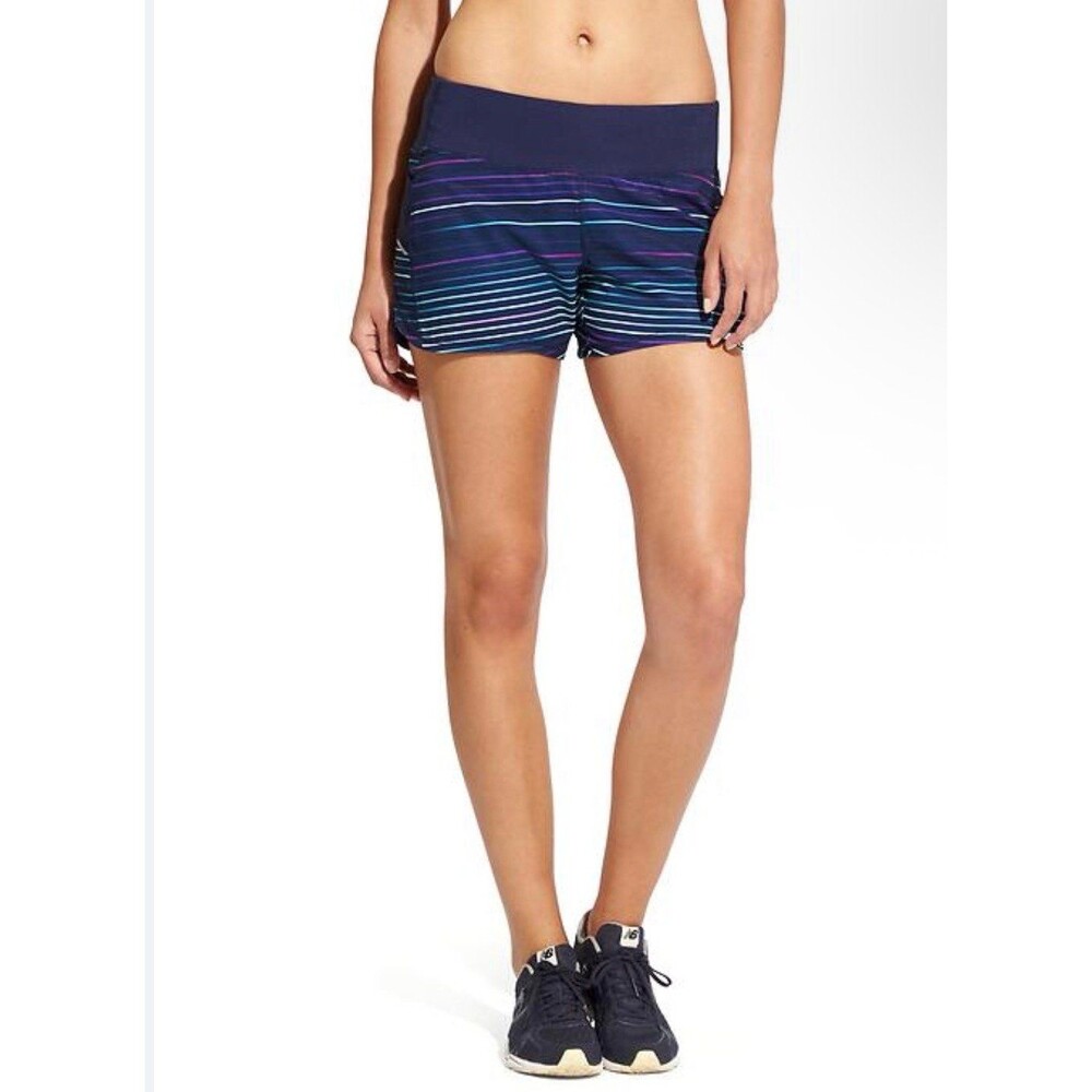 Athleta Fushion Stripe Ready Set Shorts Sz. Small Navy Multi